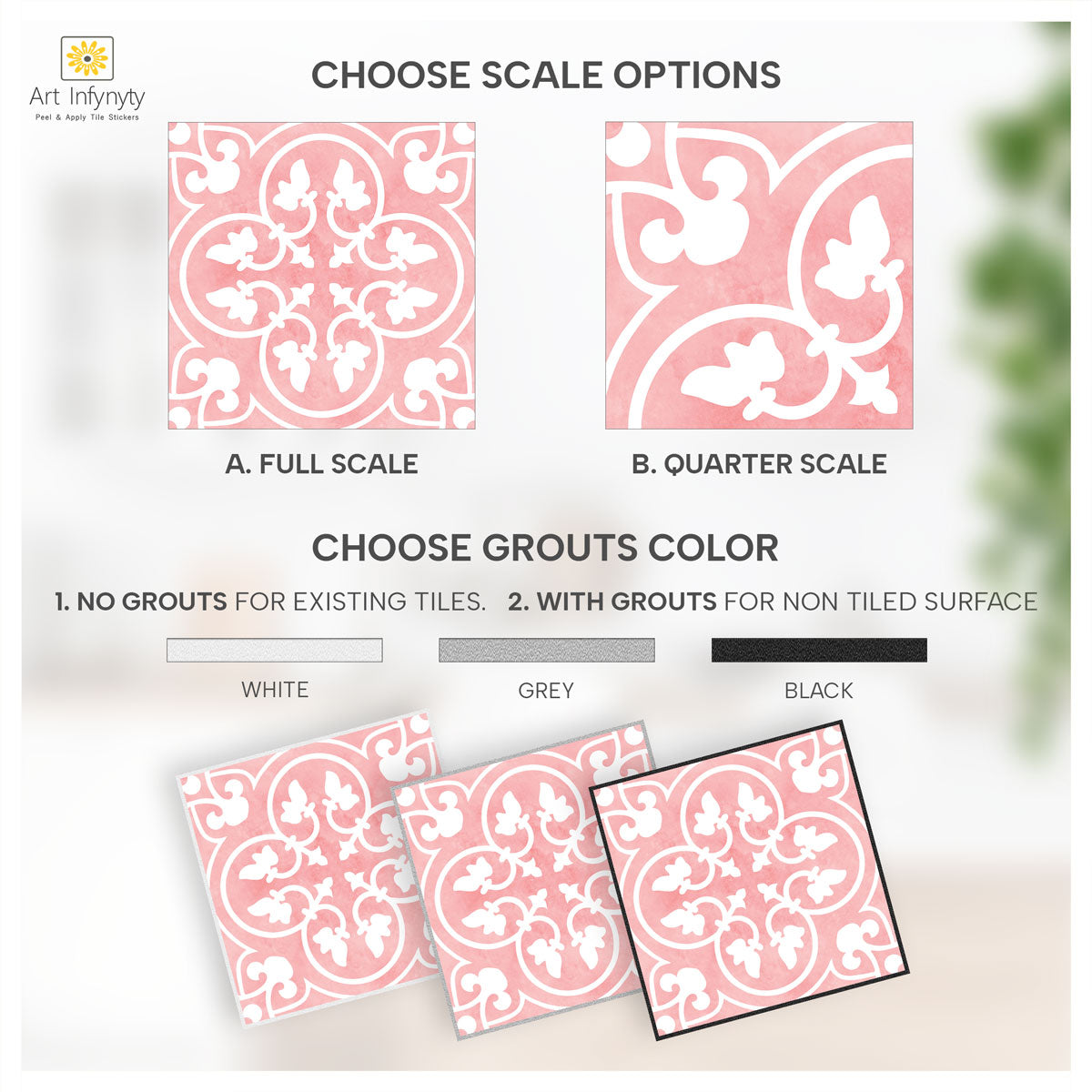 Delicate Pink Floral Tile Stickers | Peel and Stick Kitchen, Wall and Bathroom Tile Stickers | Hand Crafted Decals | Removable