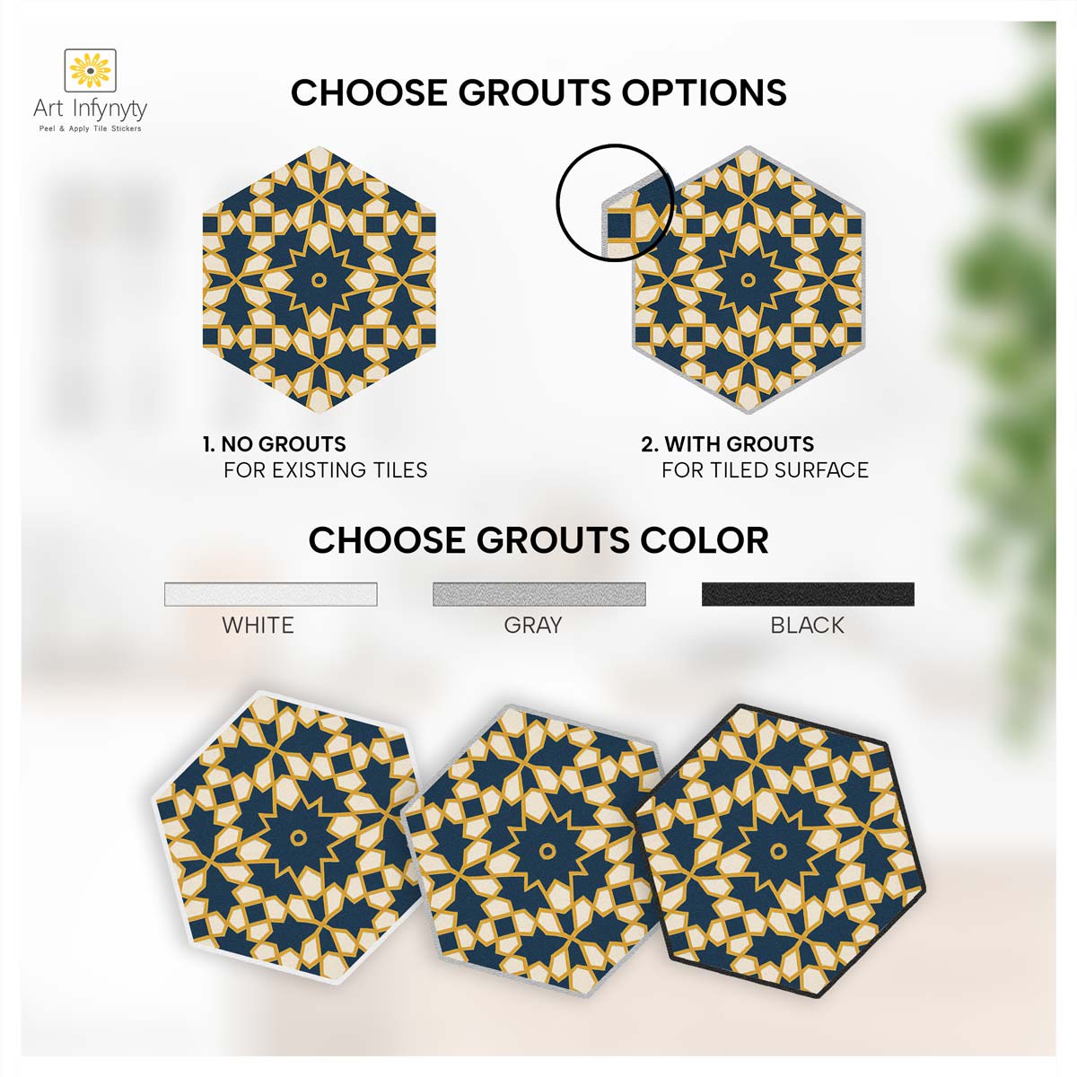 Hexa Fusion Geo Tile Stickers | Hexagon Peel and stick Tile Vinyl Decals for Kitchen, Bathroom, Wall | Antiskid Floor Tile Stickers