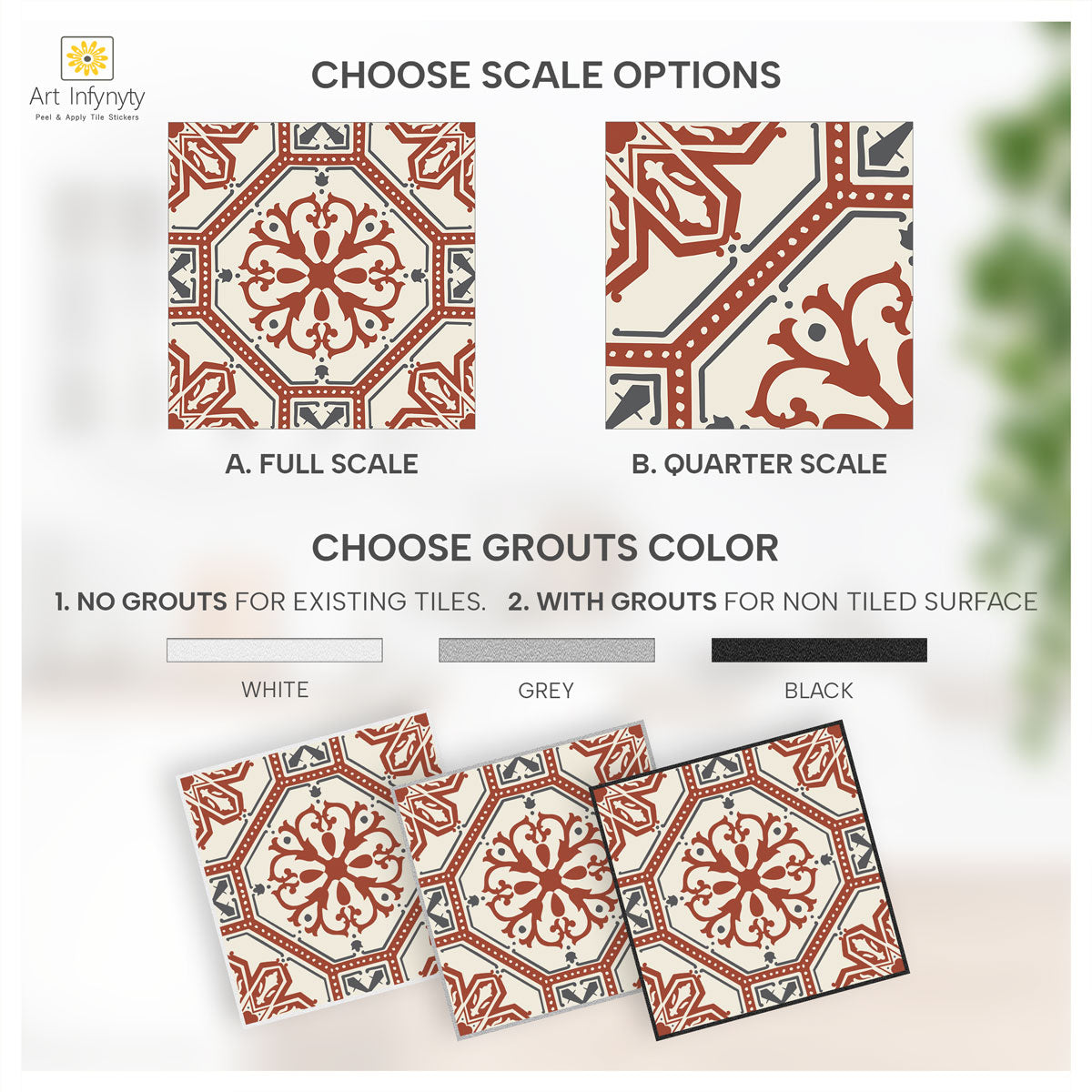 Terracotta Victorian Bloom Peel and Stick Tile Stickers | Kitchen, Bathroom Wall Tile Vinyl Decals | Antiskid Floor Tile Stickers