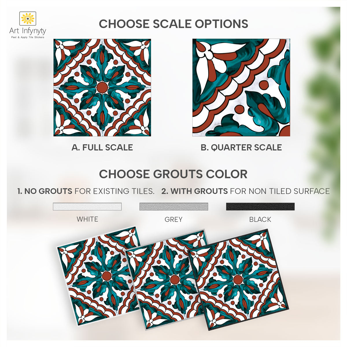 Peel and Stick Tile Moroccan Stickers | Moss Green with Terracotta Design Tile Decals | Kitchen Bathroom Wall Tile Stickers