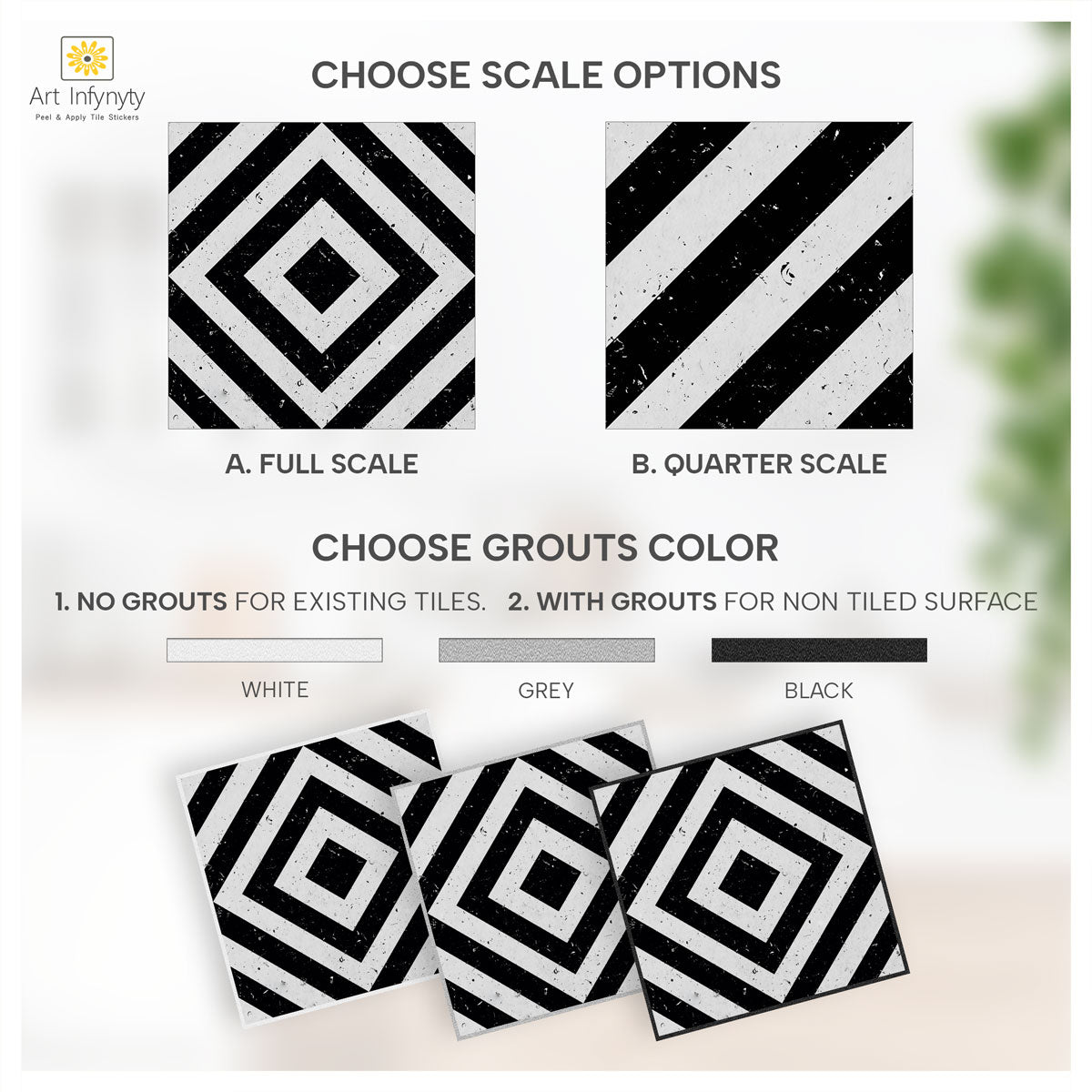 Black and Off White Tile Stickers | Water Proof | Peel and Stick Kitchen Bathroom Floor Wall Tile Decal | Free Shipping