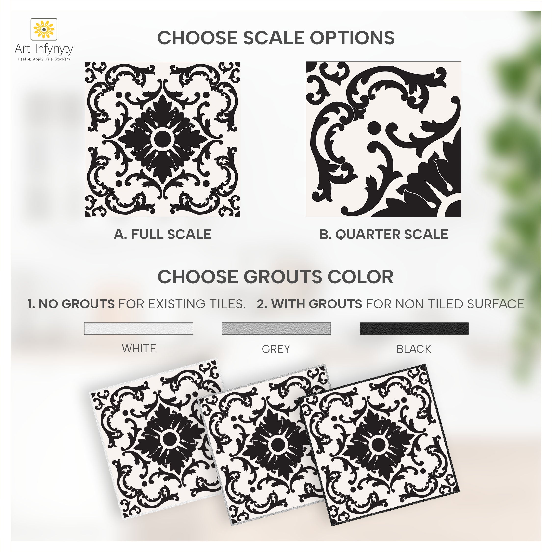 Azulejo Black and Cream Tile Stickers | Elegant Floral Pattern for Kitchens & Bathrooms | Antiskid Floor Tile Stickers | Removable