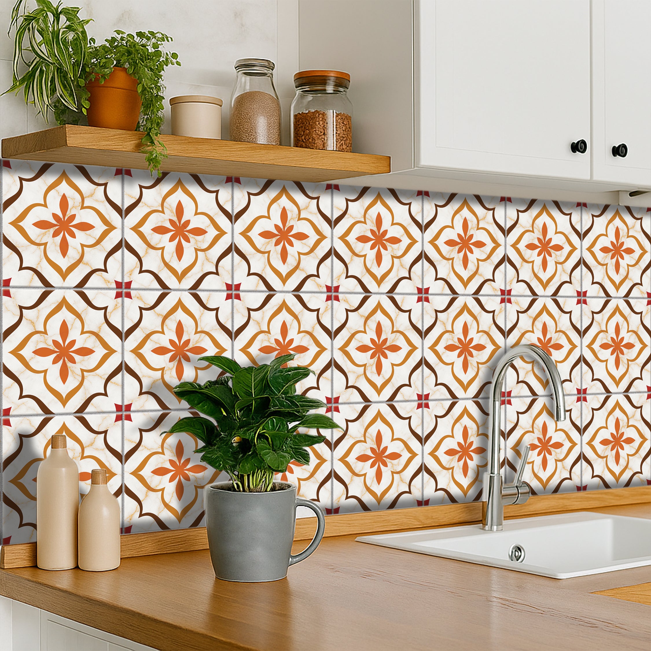 Terracotta Blossom Tile Stickers | Peel and Stick Kitch Bathroom Wall Floor Tile Vinyl Decals | Removable | Free Shipping