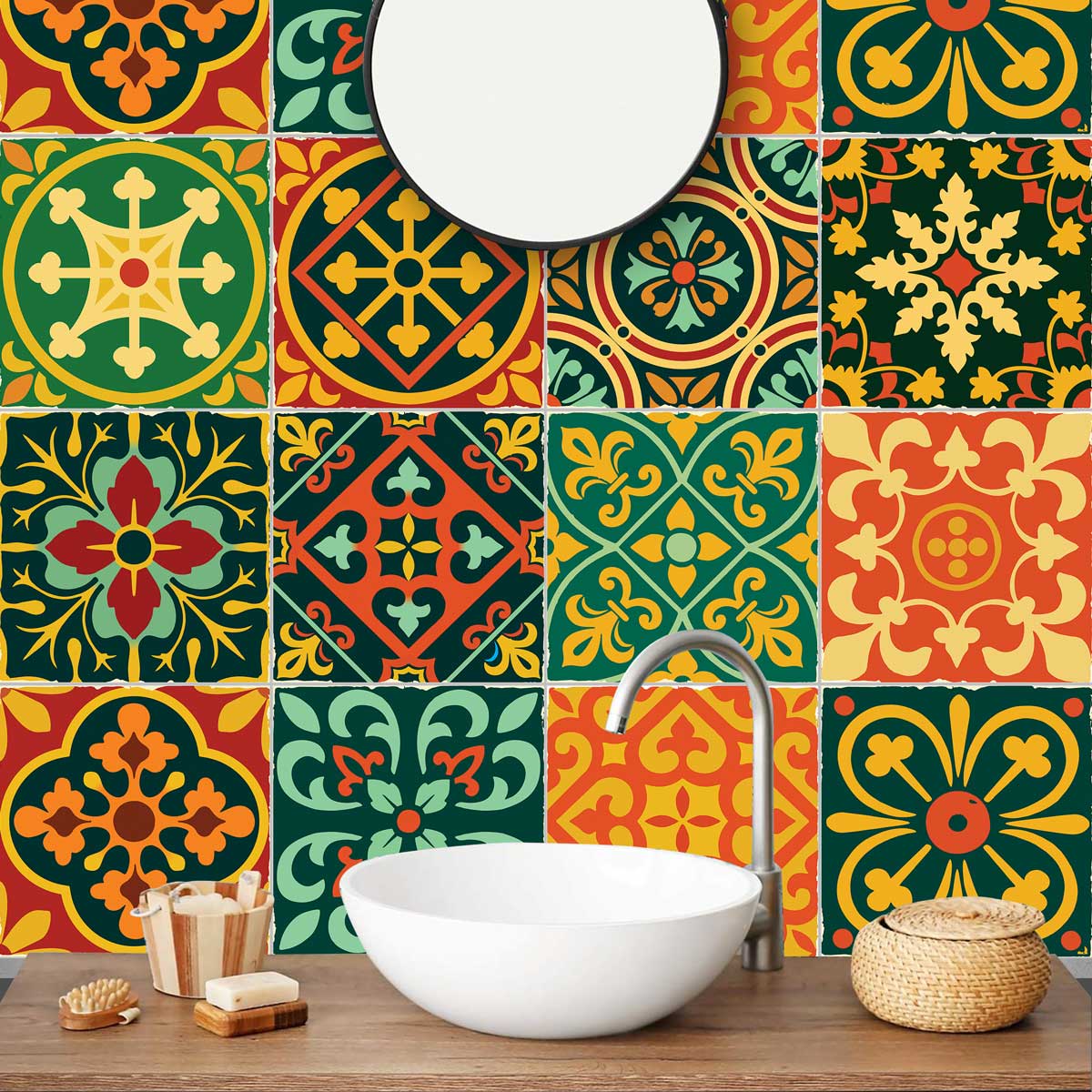 Fiesta-Inspired Tile Vinyl Decals | Retro Kitchen Wall & Bathroom Peel and Stick Vinyl Stickers | Antiskid Floor Tile Stickers