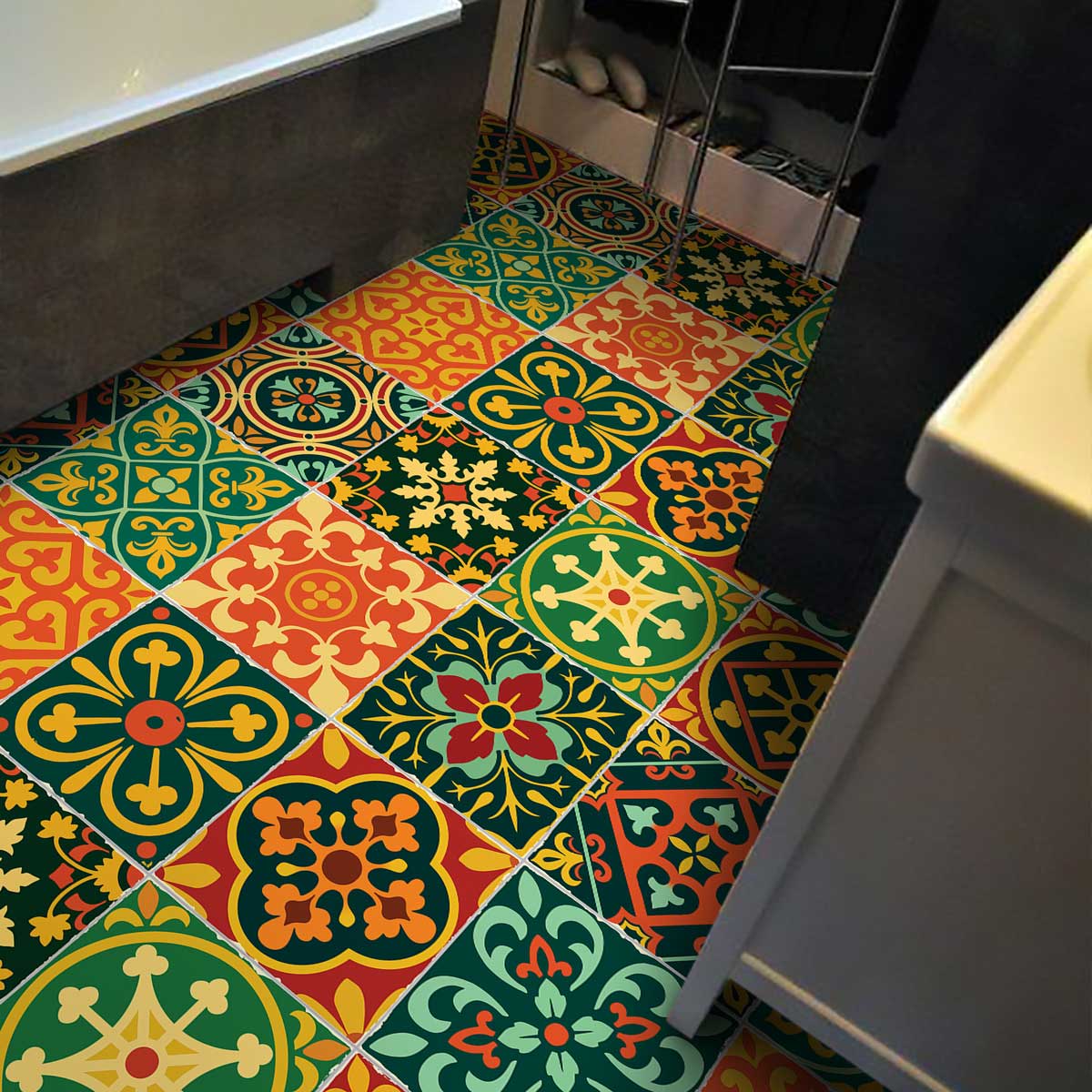 Fiesta-Inspired Tile Vinyl Decals | Retro Kitchen Wall & Bathroom Peel and Stick Vinyl Stickers | Antiskid Floor Tile Stickers