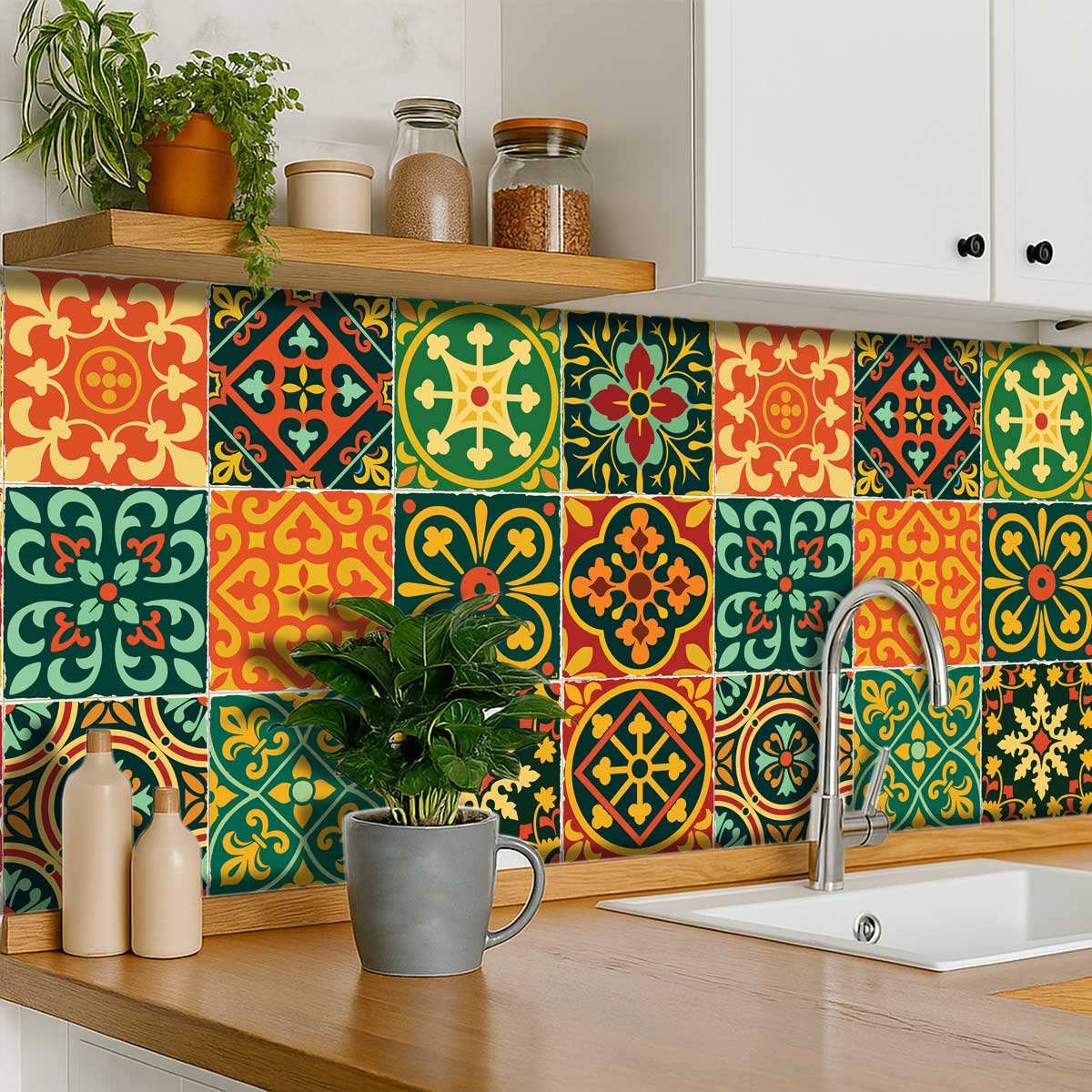 Fiesta-Inspired Tile Vinyl Decals | Retro Kitchen Wall & Bathroom Peel and Stick Vinyl Stickers | Antiskid Floor Tile Stickers