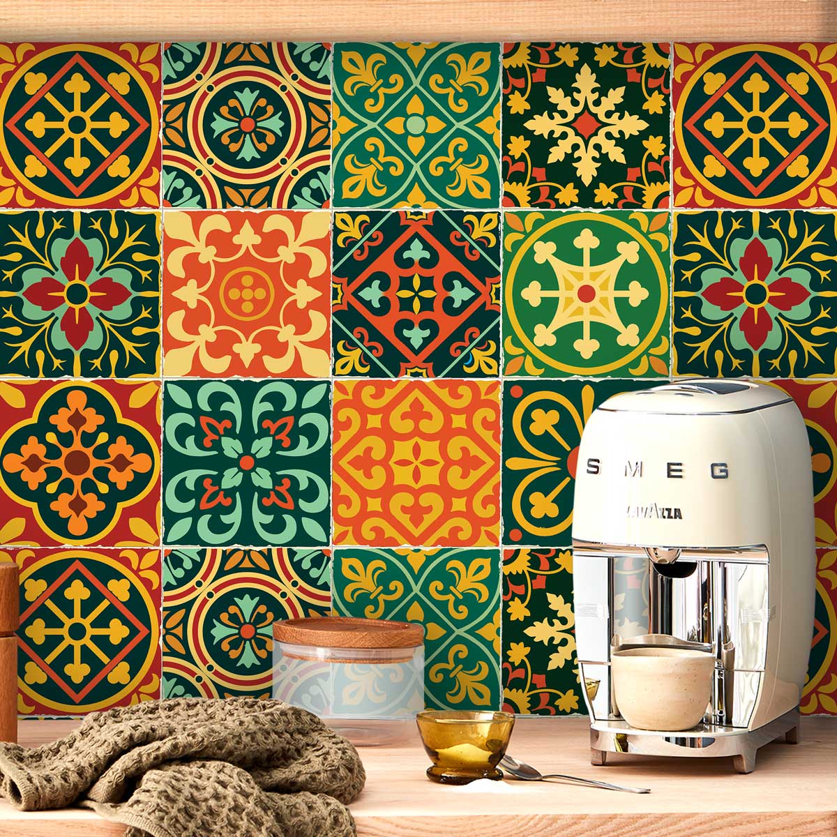 Fiesta-Inspired Tile Vinyl Decals | Retro Kitchen Wall & Bathroom Peel and Stick Vinyl Stickers | Antiskid Floor Tile Stickers