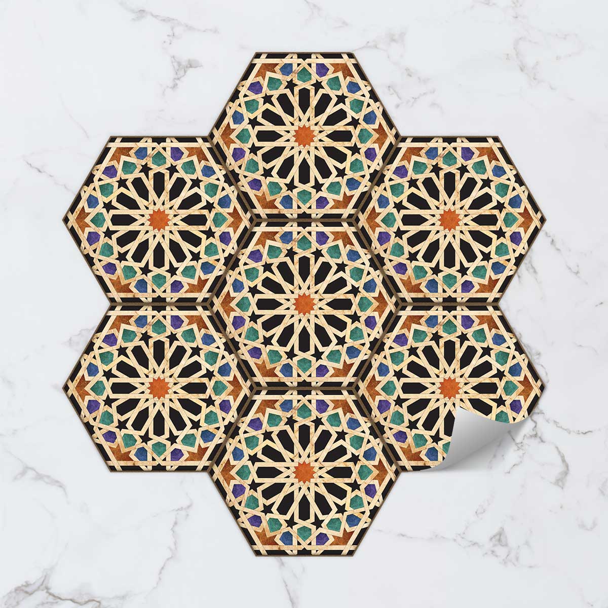 Qarawiyyin Mosque Hexagon Tile Stickers | Kitchen, Bathroom, Wall Backsplash Tile Decals | Antiskid Floor Tile Stickers