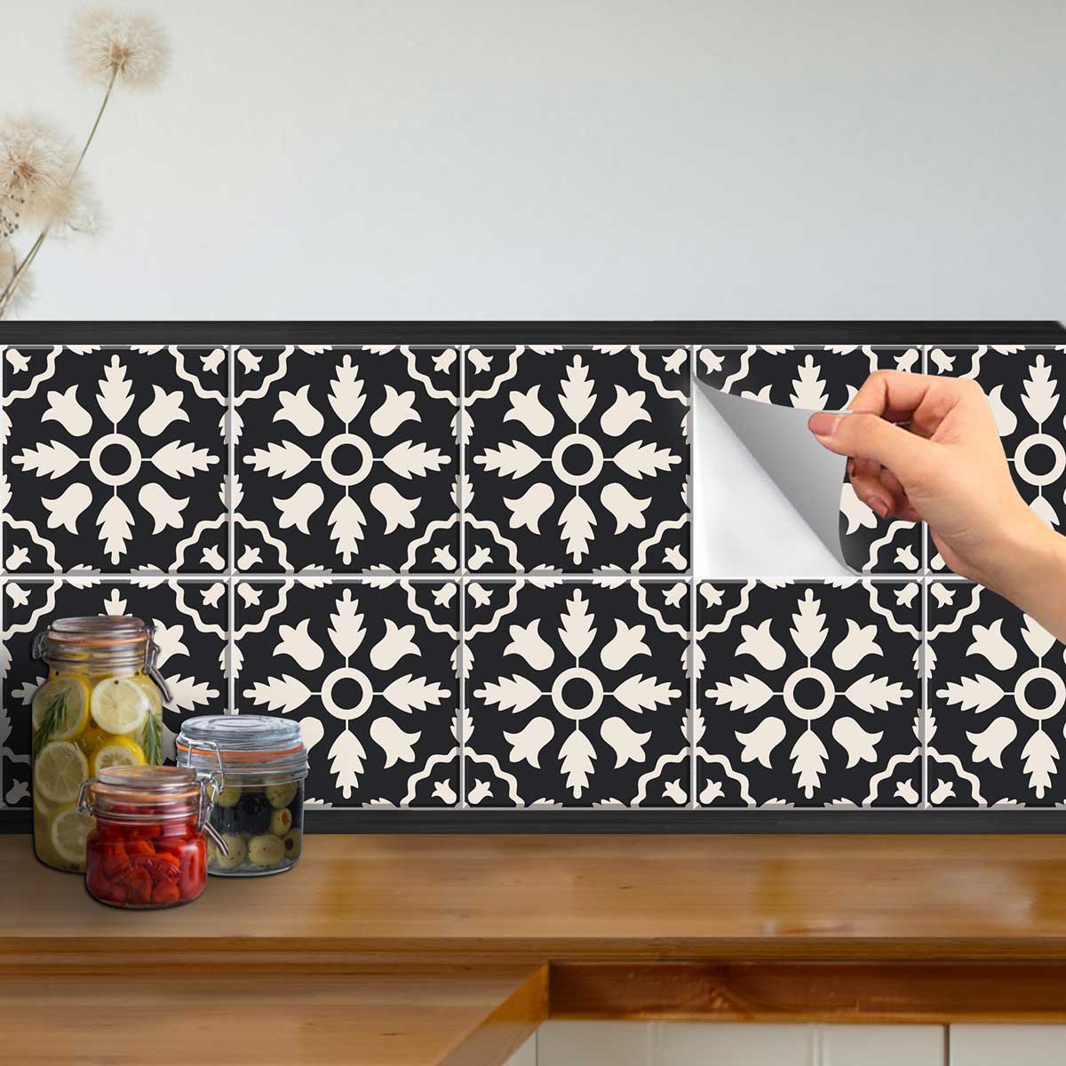 Ivory Midnight Flora Tile Stickers | Peel and Stick Kitchen, Bathroom & Wall Backsplash Tile Vinyl Decals | Removable and Waterproof
