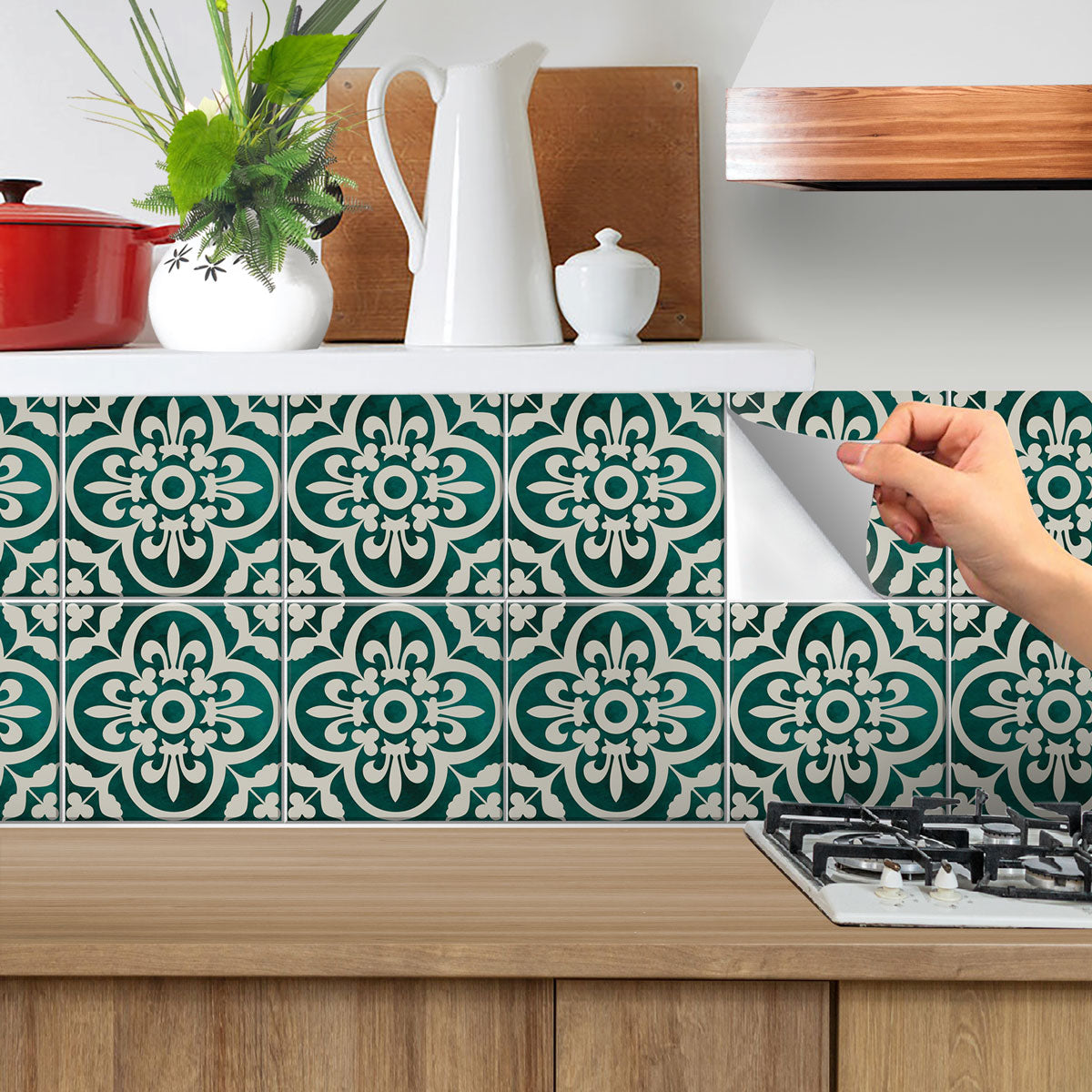 Classic Moss Green - Off White: Backsplash Tile Stickers | Stair Decals | Peel and Stick Kitchen, Bathroom and Floor Tile Stickers