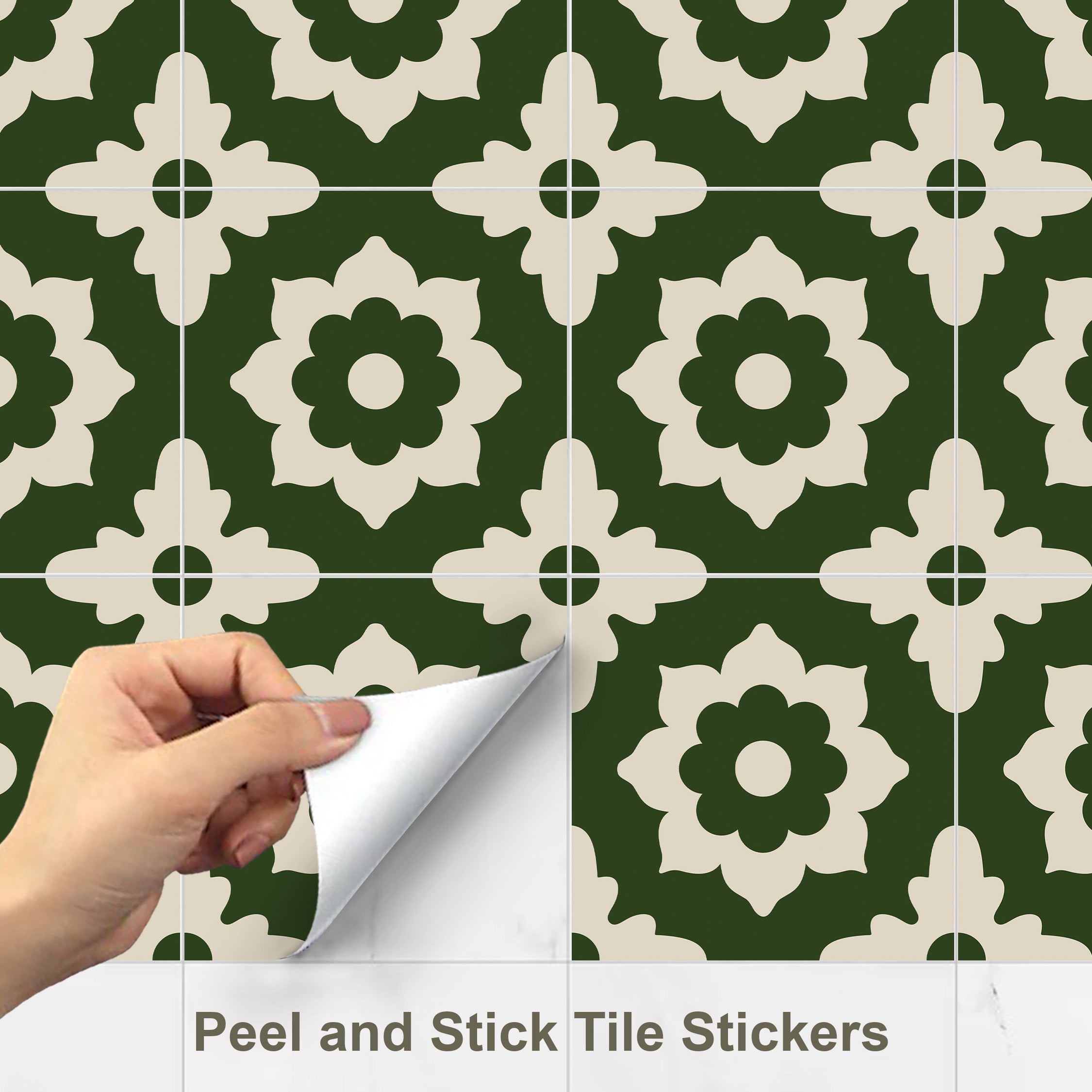 Moroccan Encaustic Green Tile Decals | Bathroom, Kitchen, Floor Peel and Stick Tiles Stickers | Removable Hand Crafted Decals