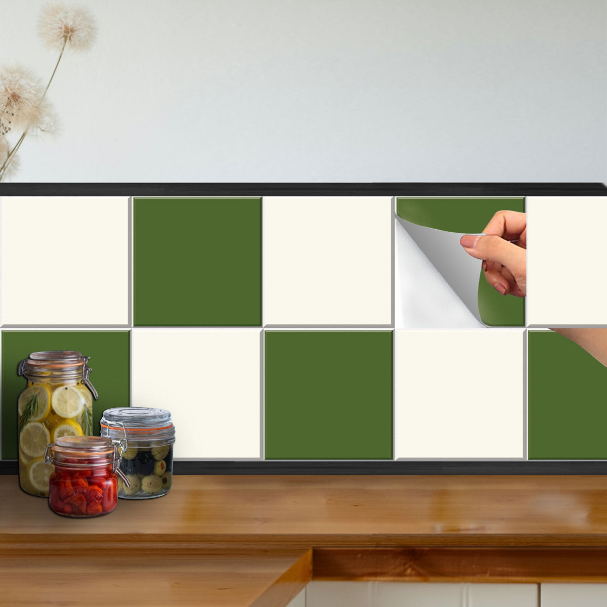 Peel and Stick Olive and Ivory Tile Stickers | Kitchen Bathroom Decal, Wall  Tile Vinyl Decals| Antiskid For Floors | Removable