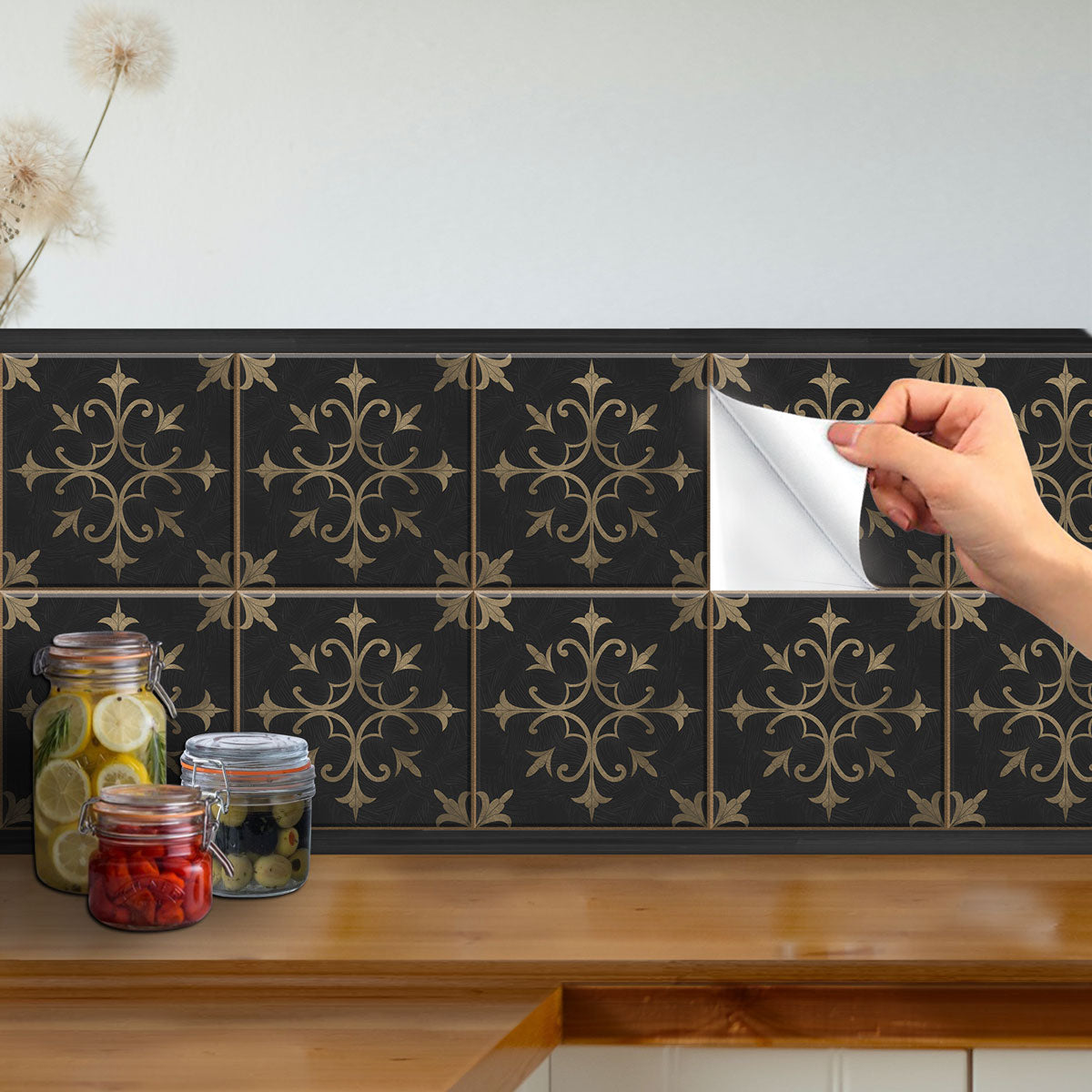 Classic Tarnished Gold Floral Floor Tile Stickers | Handcrafted Tile Decals | Peel and Stick Kitchen, Wall, Bathroom Tile Stickers