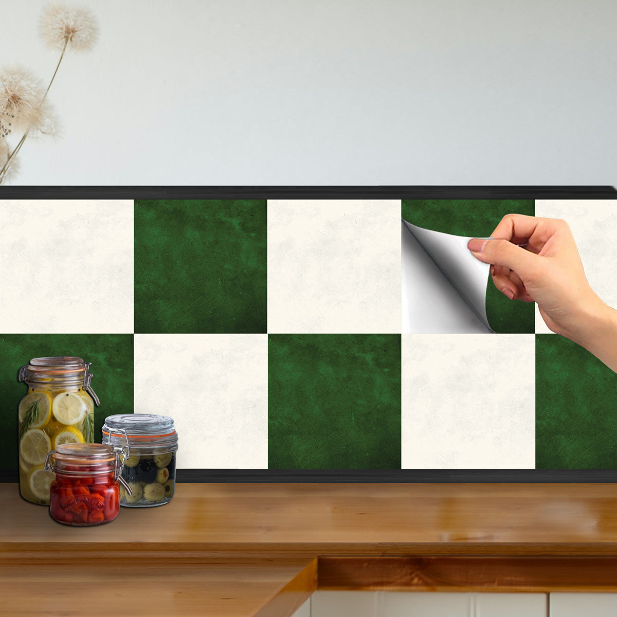 Mose Green and Ivory Checkered Texture Floor Tile Stickers | Peel and Stick Kitchen Bathroom Wall Backsplash Tile Vinyl | Removable