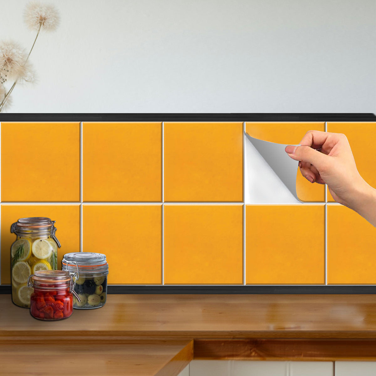 Golden Yellow Backsplash Tile Stickers | Peel and Stick Kitchen Bathroom Wall Hand Crafted Floor Decals | Removable