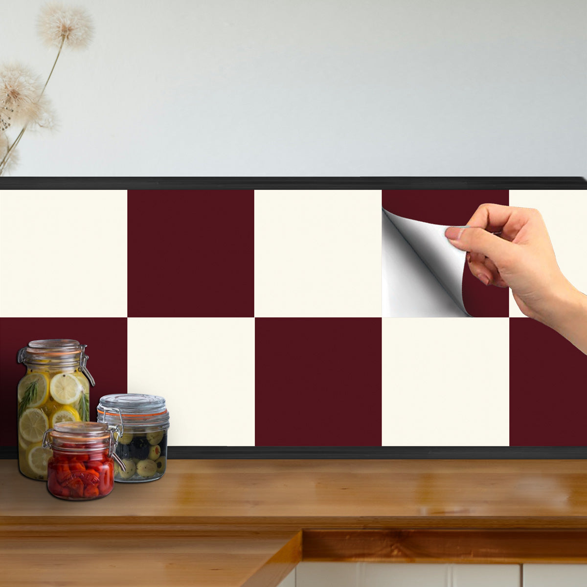 Peel and Stick Burgundy and Ivory Checkered Tile Vinyl | Bathroom Kitchen Backsplash Stickers | Antiskid Floor Tile Stickers