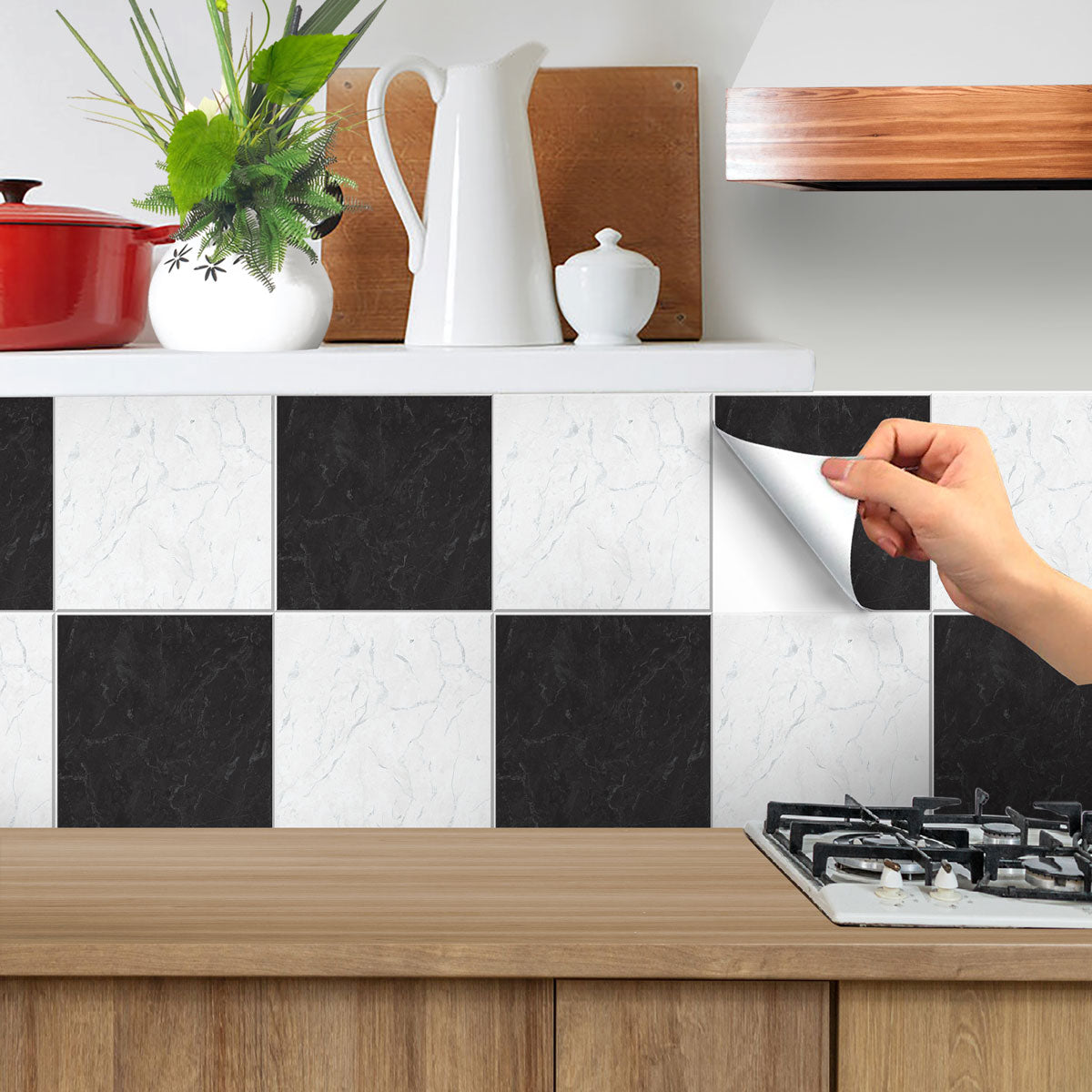 Black and White Checkered Marble Texture Tile Stickers | Antiskid Floor Tile Stickers | Peel and Stick Tile Vinyl | Removable