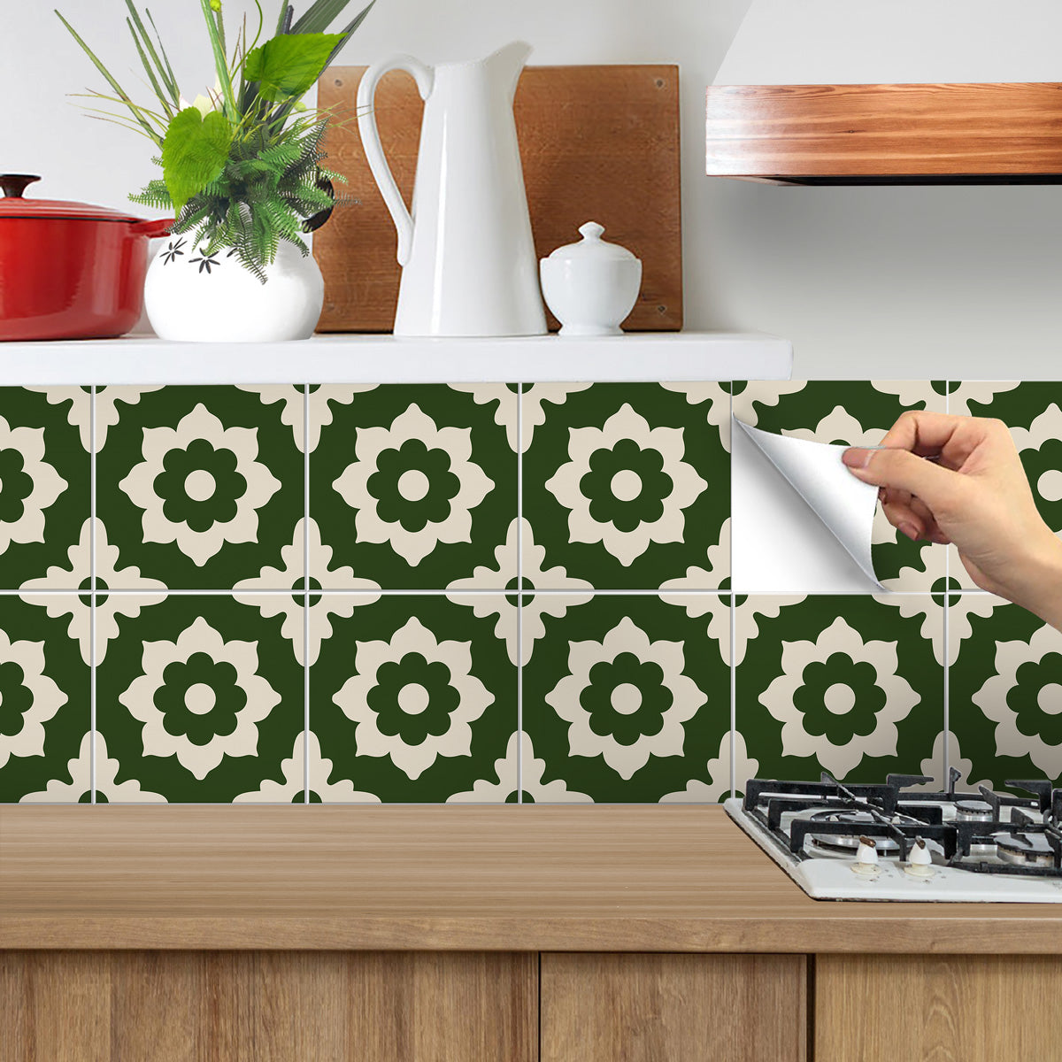 Moroccan Encaustic Green Tile Decals | Bathroom, Kitchen, Floor Peel and Stick Tiles Stickers | Removable Hand Crafted Decals