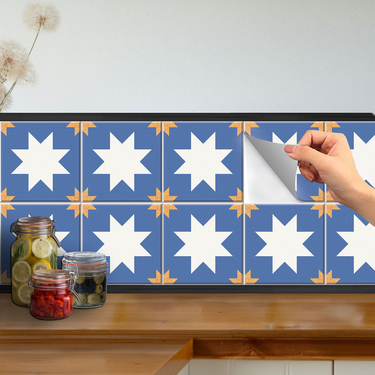 Peel and Stick Blue & Gold Star Texture Tile Vinyl | Kitchen Bathroom Floor Tile Vinyl ecals | Backsplash Stickers | Removable