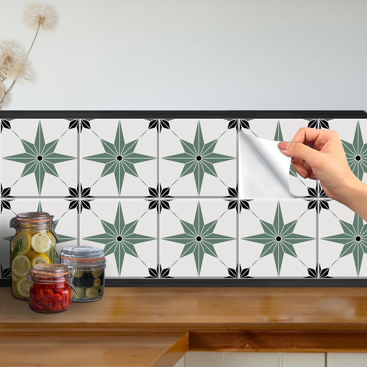 Peel and Stick Olive Green with Blackstar Tile Stickers | Removable | Bathroom Floor Antiskid Tile Decals | Free Shipping