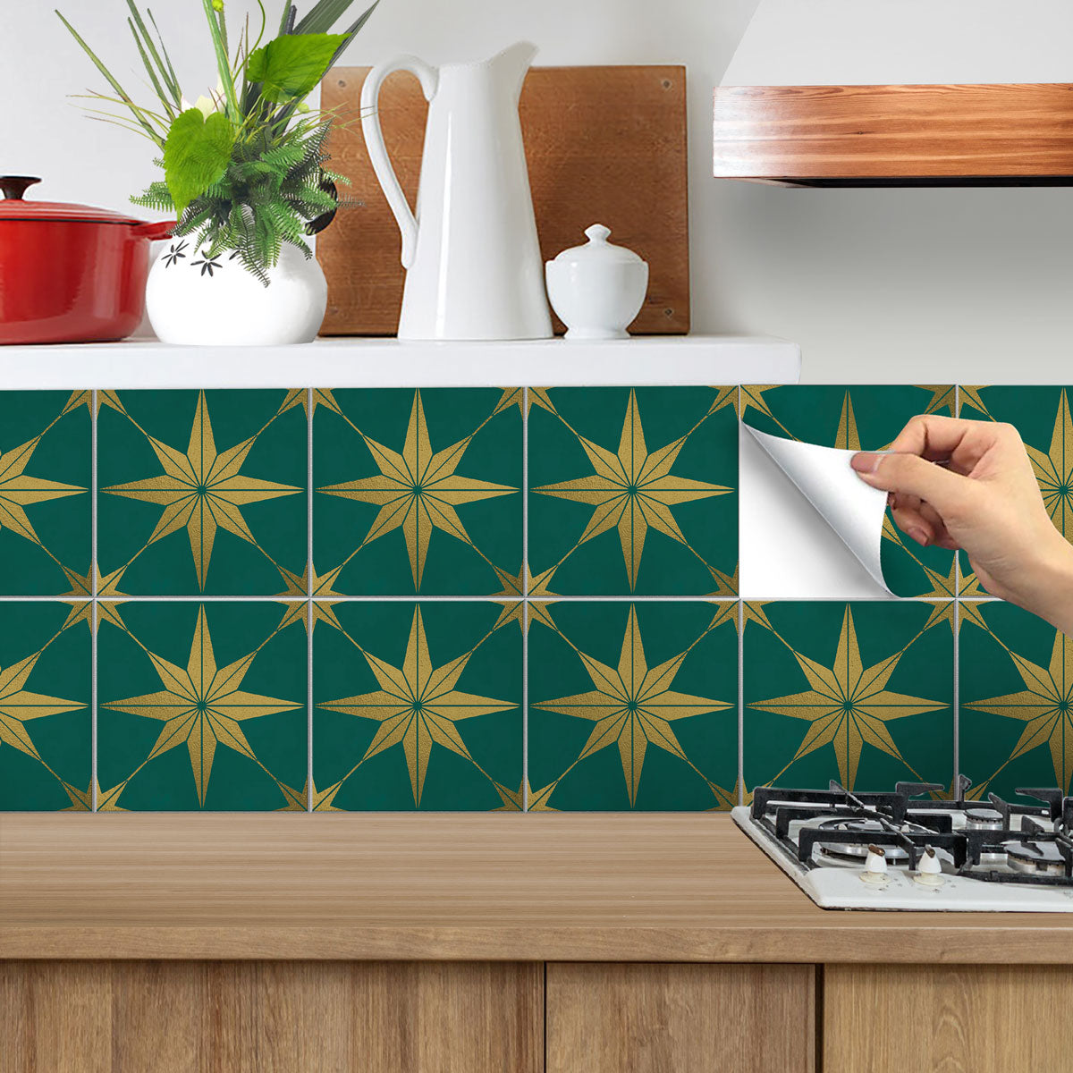 Peel and Stick Green Como Star Tile Stickers | Waterproof, Removable | Antiskid for Bathroom Floor Tile Decals | Removable