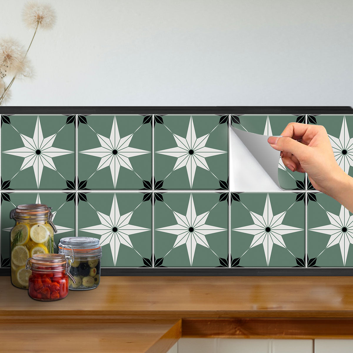 Peel and Stick Green with White Star Tile Stickers | Removable | Antiskid for Bathroom Floor Tile Vinyl Decals | Free Shipping