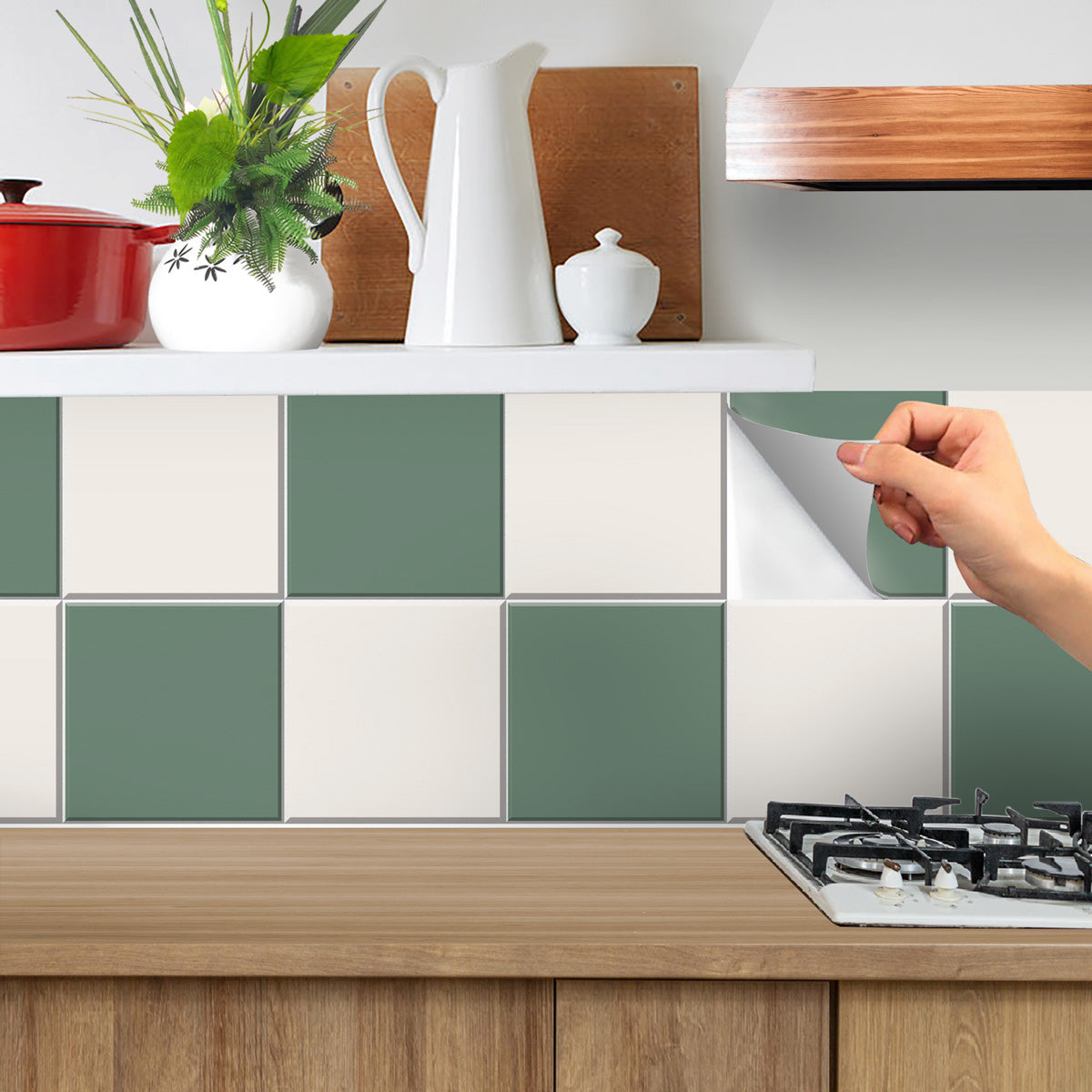 Dark Lime Green & Cream Checkered Tile Stickers | Peel and Stick Kitchen Backsplash Floor, Bathroom, Wall Tile vinyl | Free Shipping