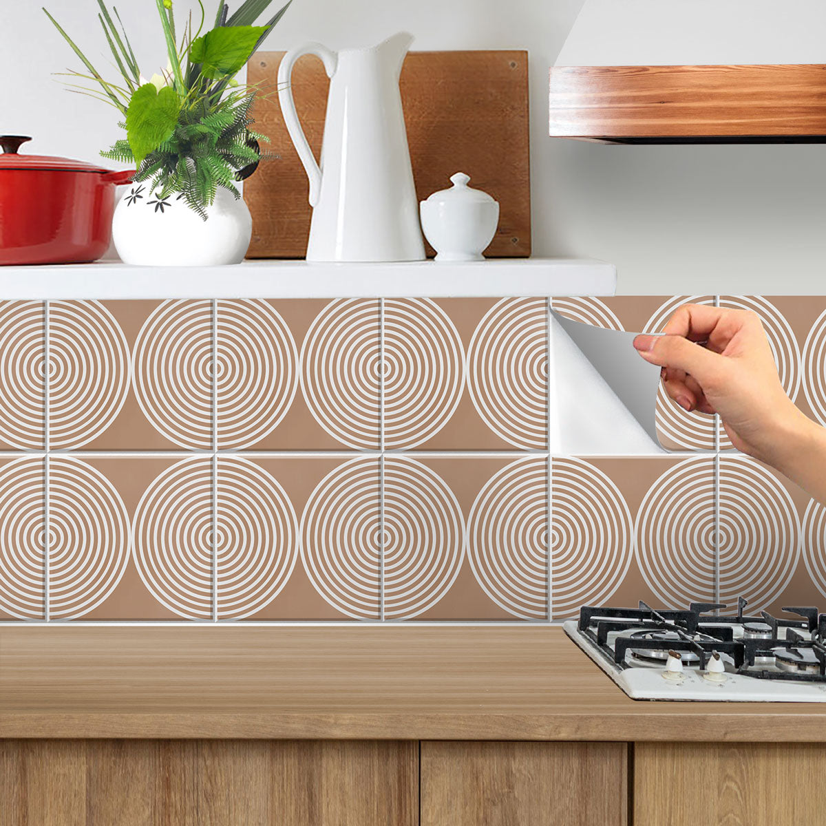 Dual Orbit Desert Beige Tile Stickers | Peel and Stick Kitchen, Bathroom, Wall Tile Vinyl | Antiskid Floor Tile Stickers | Removable