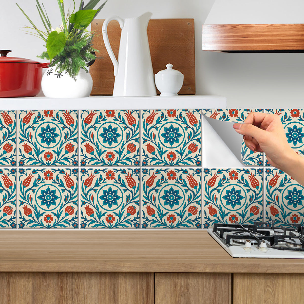 Teal and Clay Garden Backsplash Tile Stickers | Peel and Stick Wall, Kitchen & Bathroom Tile Decals | Antiskid Floor Tile Vinyl