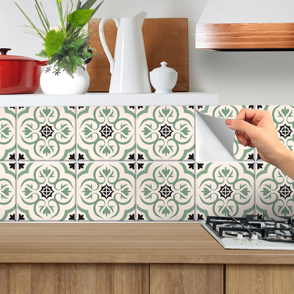 Peel and Stick Olive Arabesque Tile Vinyl Decals | Kitchen Bathroom, Wall Backsplash Tile Stickers | Antiskid Floor Tile Vinyl