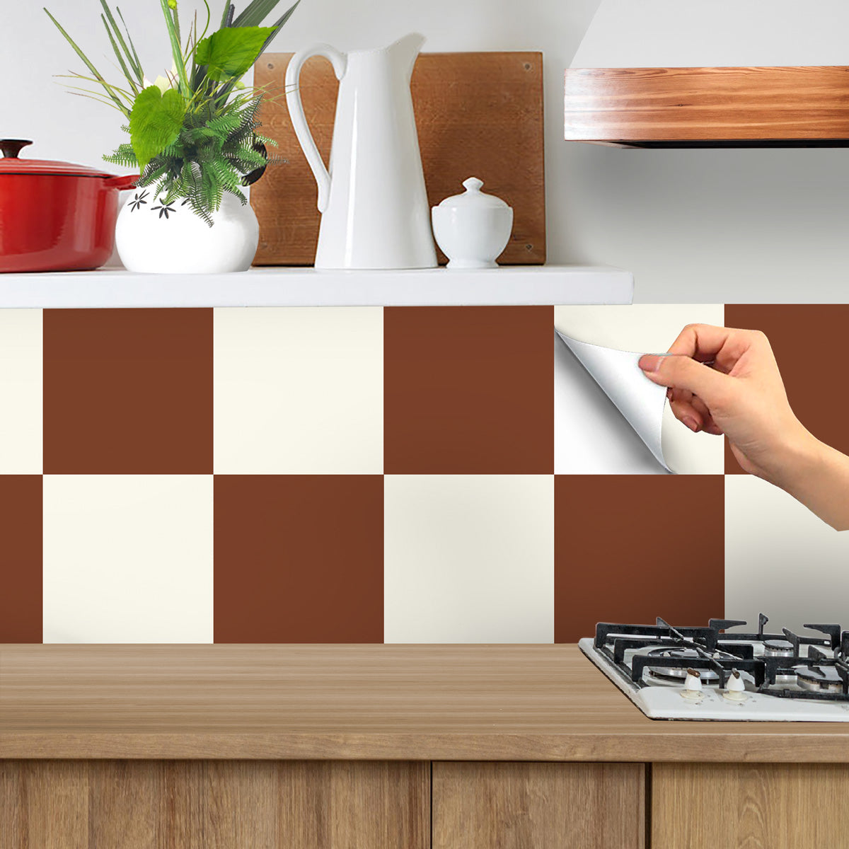 Burnt Cinnamon and Ivory Tile Stickers | Peel and Stick Kitchen, Bathroom, Wall Tile Decals | Antiskid Floor Tile Stickers