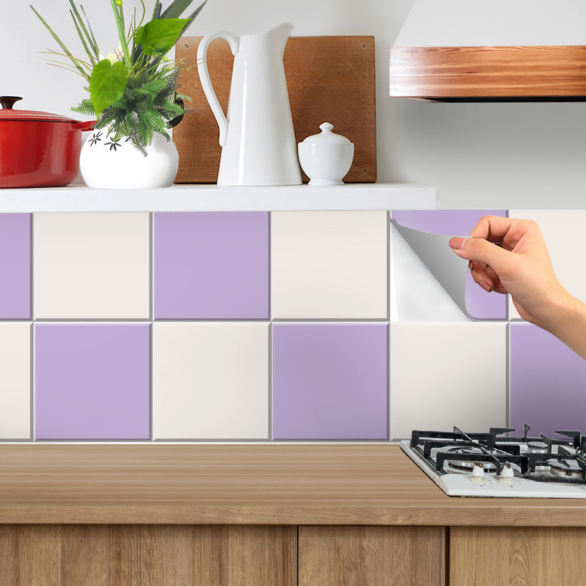 Purple, Beige Floor Kitchen Backsplash Tile Stickers | Peel and Stick Tile Vinyl Decals for Kitchen, Bathroom and Wall | Removable