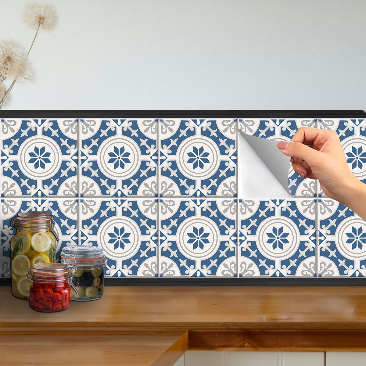 Blue Suede Floral Tile Sticker | Antiskid Bathroom Floor Tile Vinyl | Peel and Stick Kitchen Wall Backsplash Tile Stickers