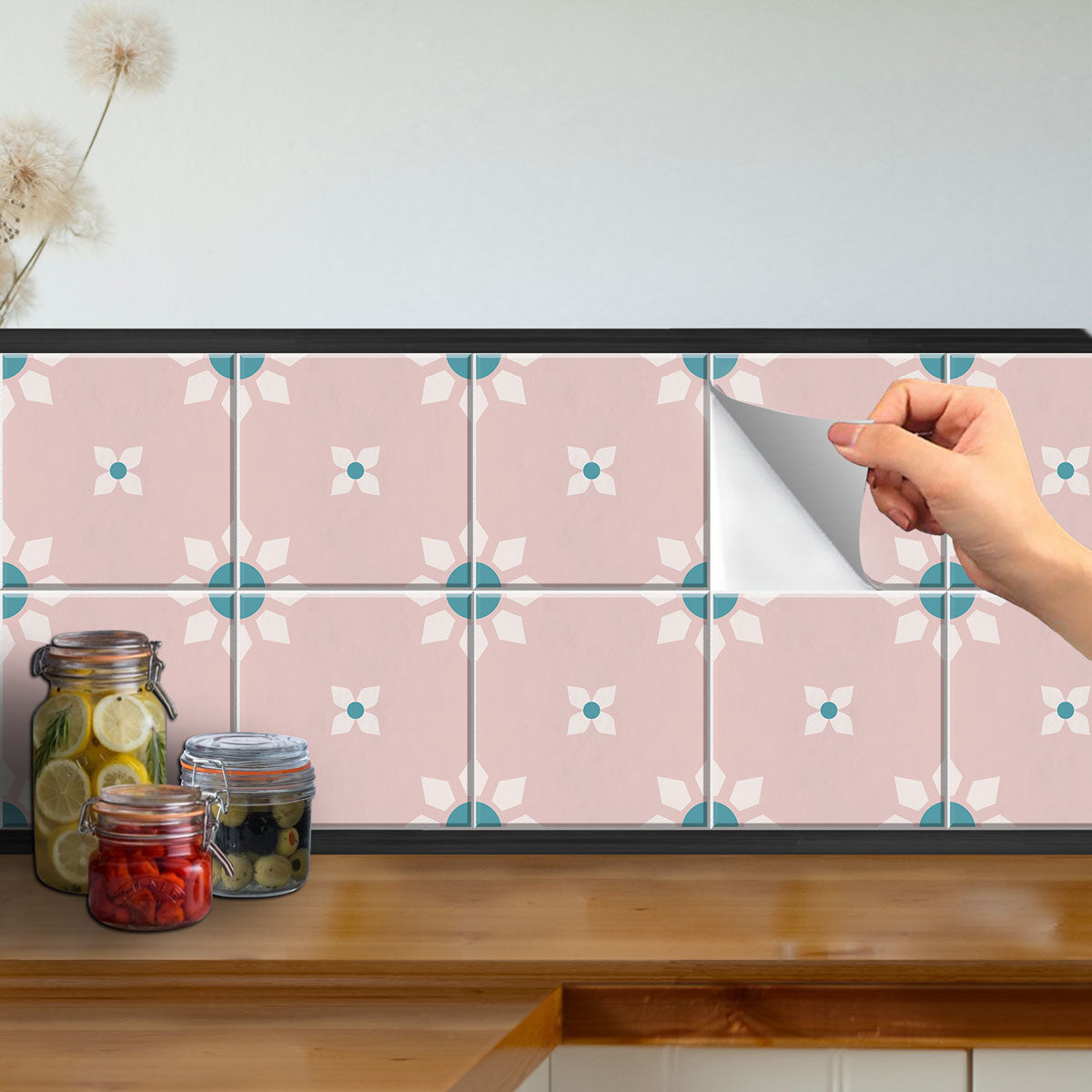 Pink and White Floral Tile Stickers | Peel and Stick Bathroom Kitchen Floor Wall Hand Crafted Tile Vinyl Decals | Removable