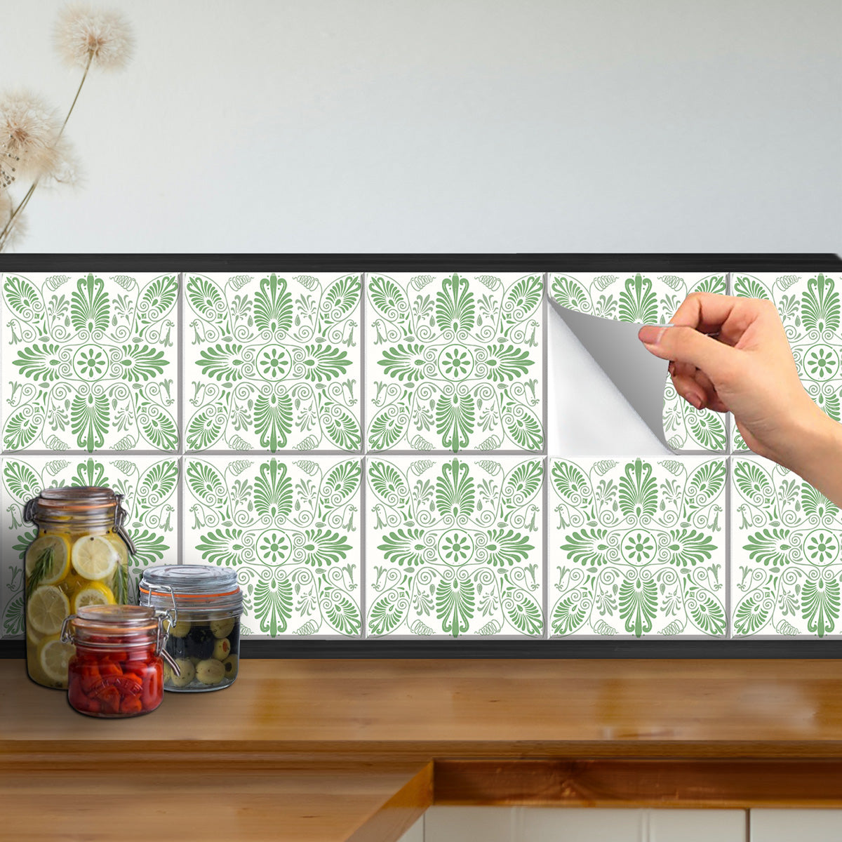 Greek Olive Green Peel and Stick Tile Stickers | Waterproof and Removable | Bathroom, Kitchen Backsplash Tile Decals