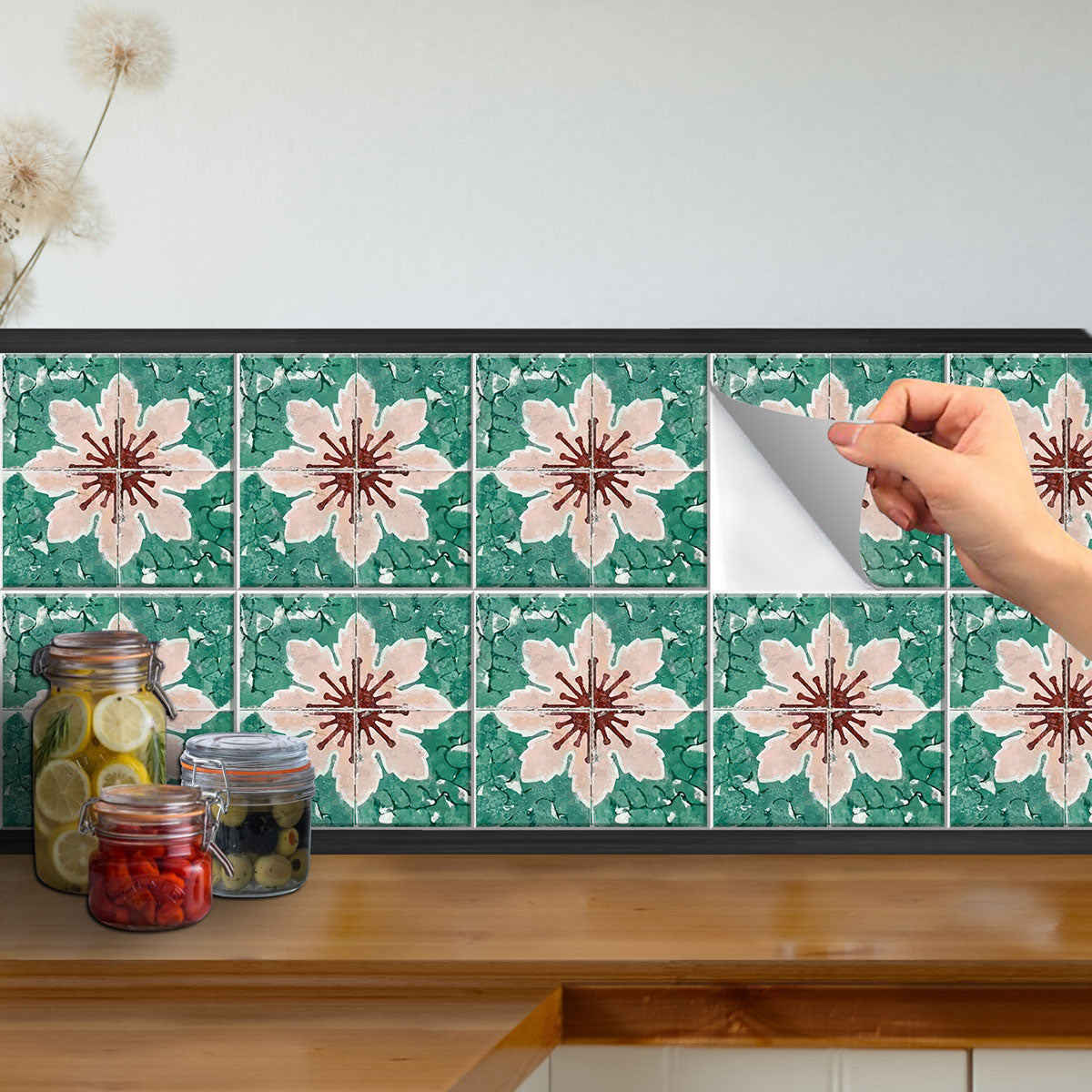 Pink & Old Floral Tile Stickers | Peel and Stick Bathroom Kitchen Floor Wall Backsplash Tile Stickers | Easy to Apply | Removable