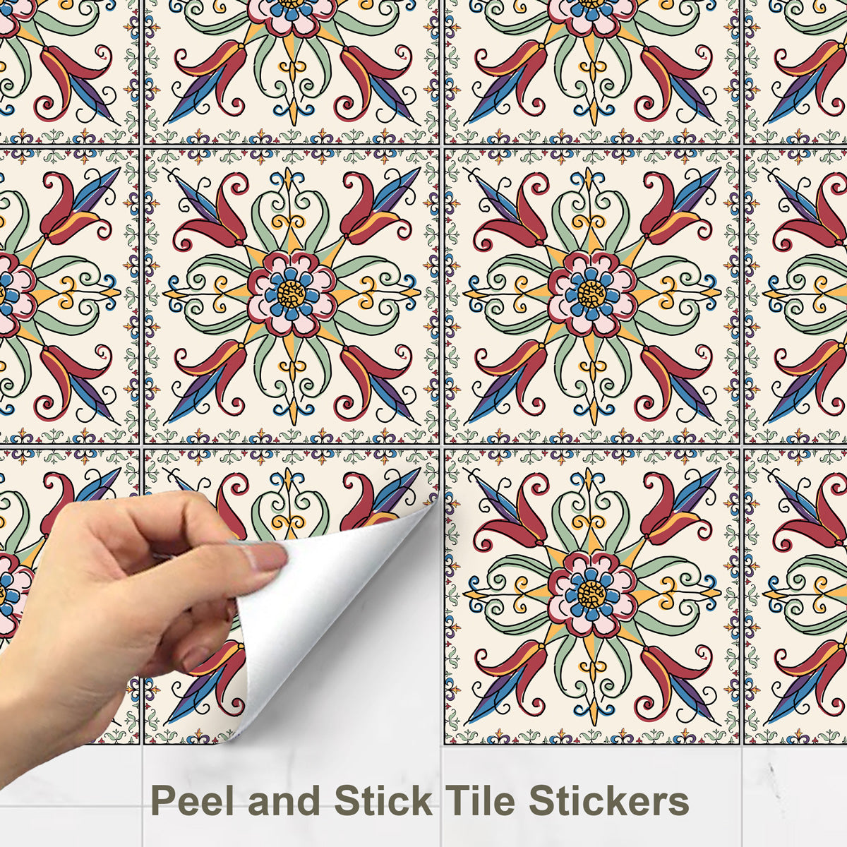 Vintage Flourish Hand Crafted Tile Stickers | Peel and Stick Kitchen Bathroom Wall Tile Vinyl Decals | Antiskid Floor Tile Vinyl