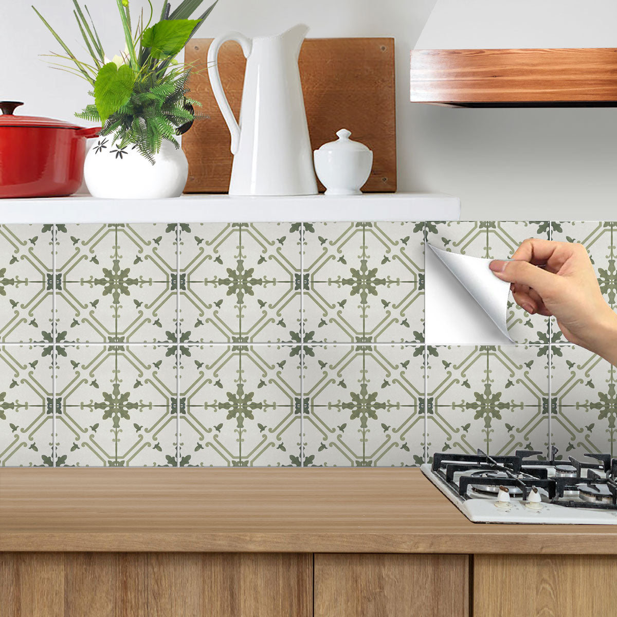 Porcelain Olive Green Tile Stickers | Peel and Stick Kithcen, Bathroom Wall Hand Crafted Tile Decals | Removable Tile Stickers