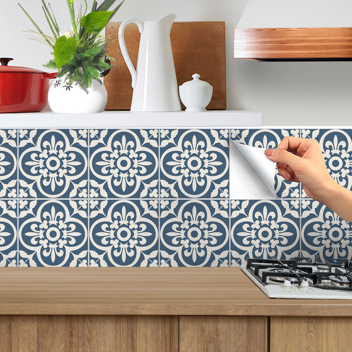 Classic Sky Blue and Off White Backsplash Tile Stickers | Peel and Stick Kitchen Bathroom Floor Wall Tile Stickers | Removable