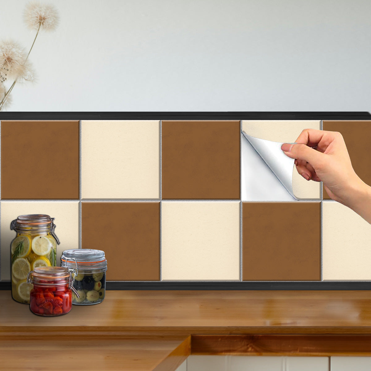 Checkered Autumn and Beige Texture Tile Stickers | Peel and Stick Backsplash Tile Decals | Antiskid Floor Tile Stickers | Removable