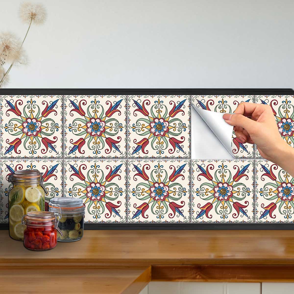 Vintage Flourish Hand Crafted Tile Stickers | Peel and Stick Kitchen Bathroom Wall Tile Vinyl Decals | Antiskid Floor Tile Vinyl