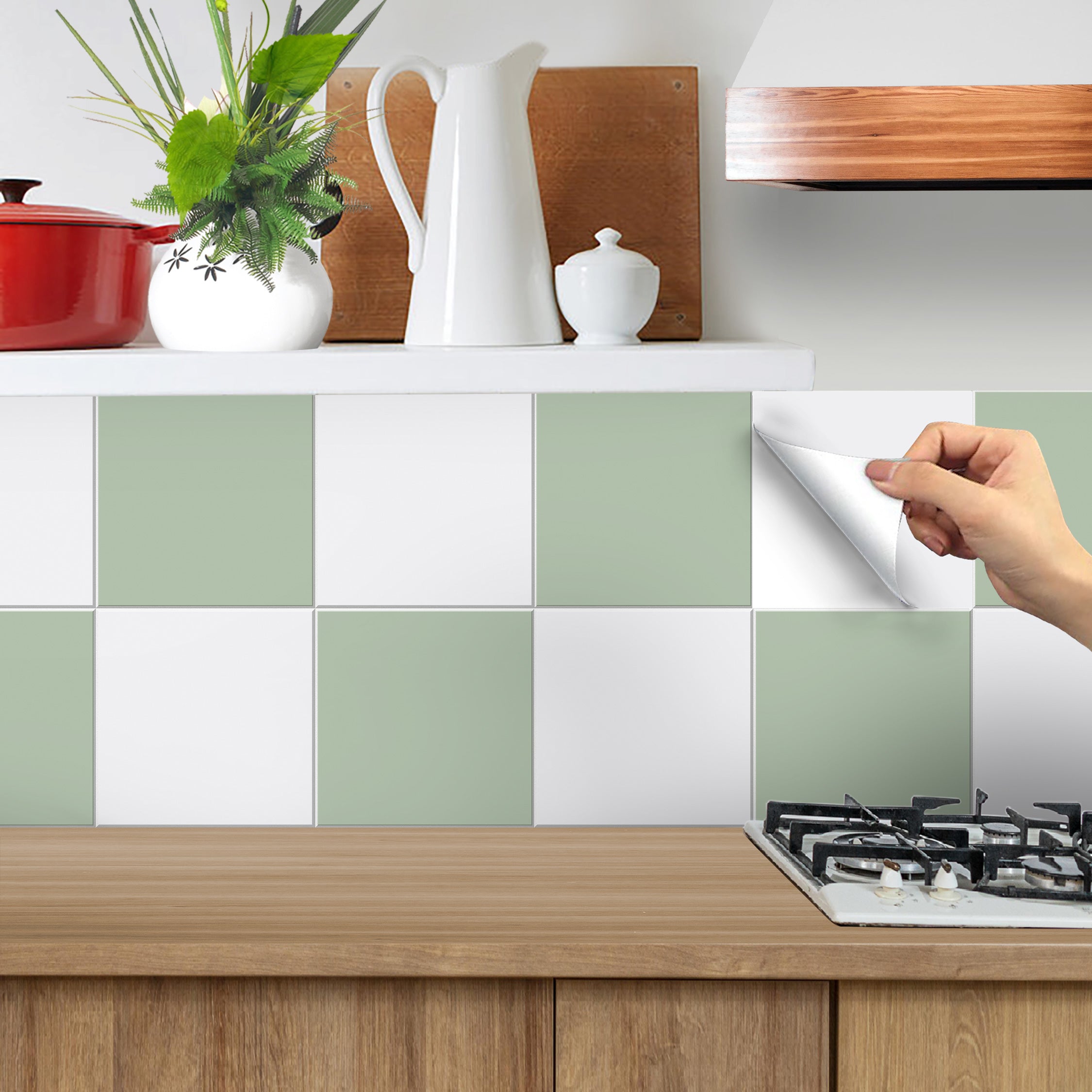 Teresa's Green and Light White Floor Tile Stickers | Peel and Stick Kitchen, Wall, Bathroom, Tile Vinyl | Antiskid Floor Tile Stickers