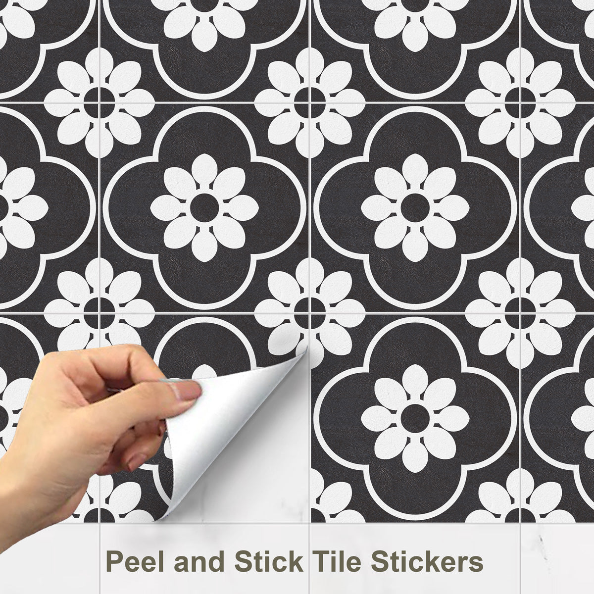 Black and White Floral Marseille Tile Stickers | Peel and Stick Tile Vinyl for Kitchen Floor Wall and Bathroom | Removable