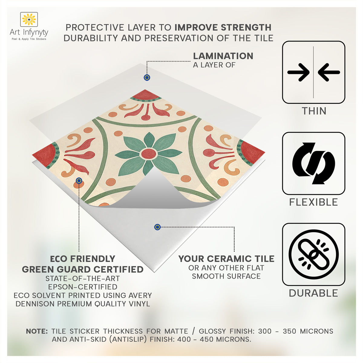 Andalusia Charm Tile Stickers | Kitchen Backsplash Tile Decals | Antiskid Foor Tile Stickers | Peel & Stick Backsplash Tile Decals