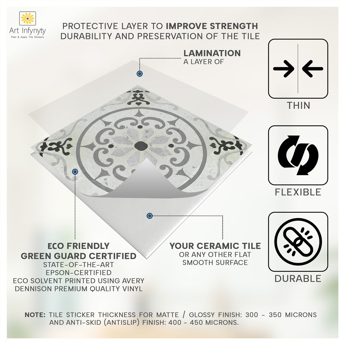 Antique Greystone Floor Tile Stickers | Peel and Stick Removable Tile Decals for Kitchen, Bathroom, Walls & Fireplace | Removable