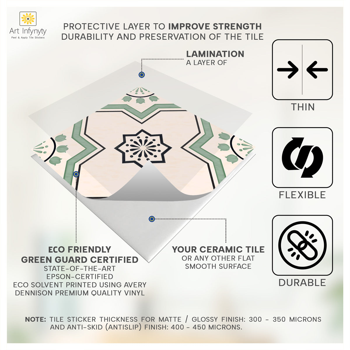Moroccan Sage Peel and Stick Tile Decals | Kitchen Bathroom, Wall Backsplash Tile Stickers | Antiskid Floor Tile Vinyl | Removable