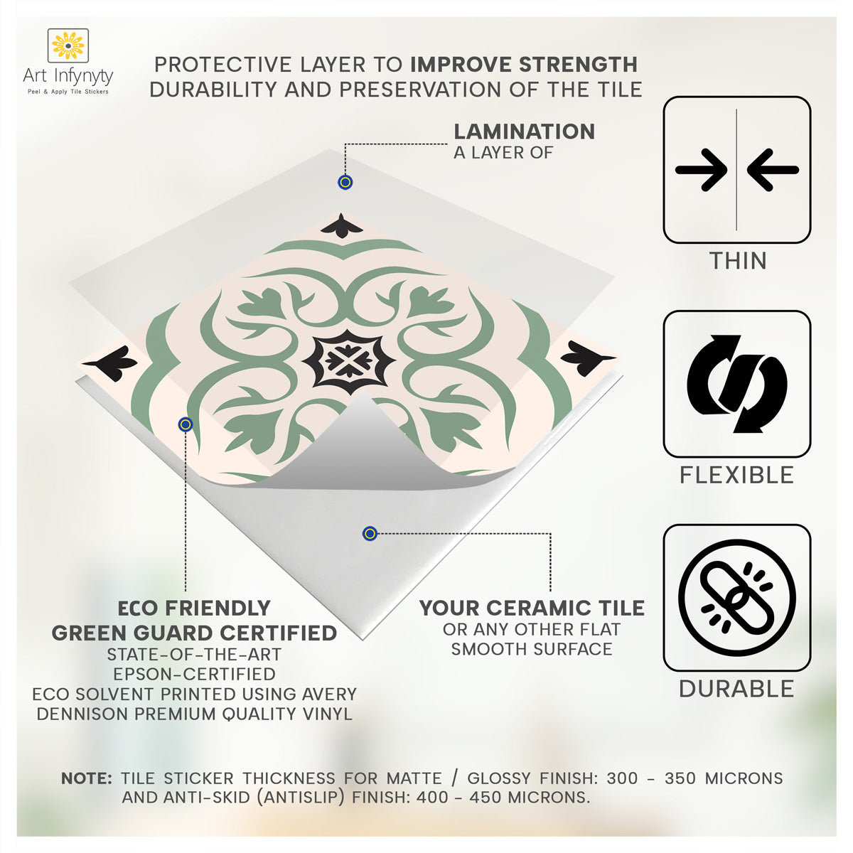 Peel and Stick Olive Arabesque Tile Vinyl Decals | Kitchen Bathroom, Wall Backsplash Tile Stickers | Antiskid Floor Tile Vinyl