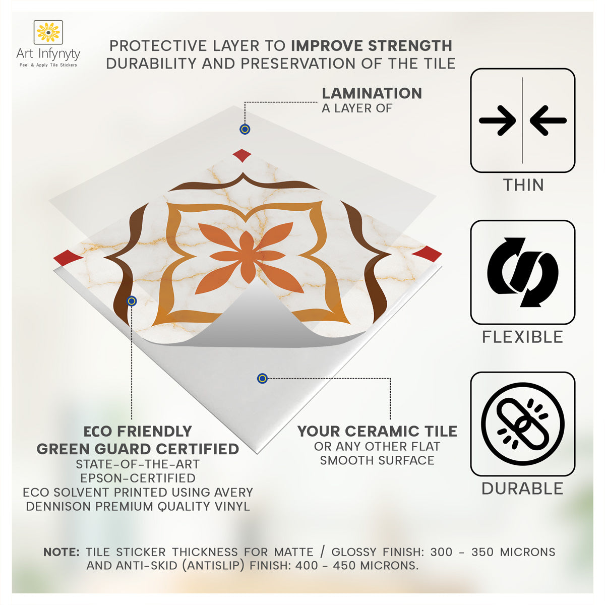 Terracotta Blossom Tile Stickers | Peel and Stick Kitch Bathroom Wall Floor Tile Vinyl Decals | Removable | Free Shipping