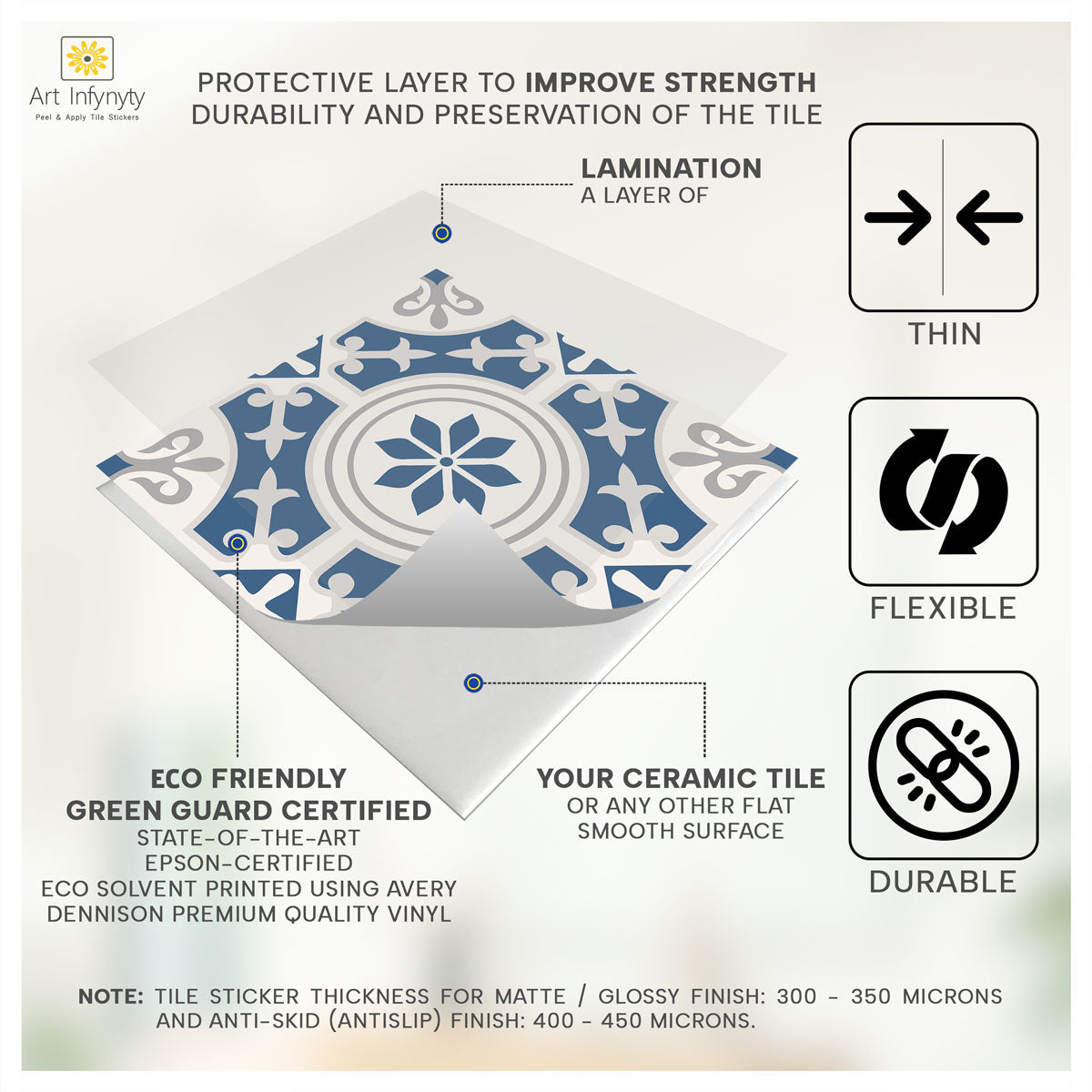 Blue Suede Floral Tile Sticker | Antiskid Bathroom Floor Tile Vinyl | Peel and Stick Kitchen Wall Backsplash Tile Stickers