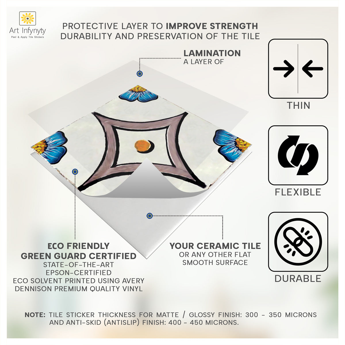 Peel and Stick Hand Crafted Floral Wall Tile Decals | Bathroom Kitchen Floor Tiles Stickers | Removable & Waterproof | Easy to Apply